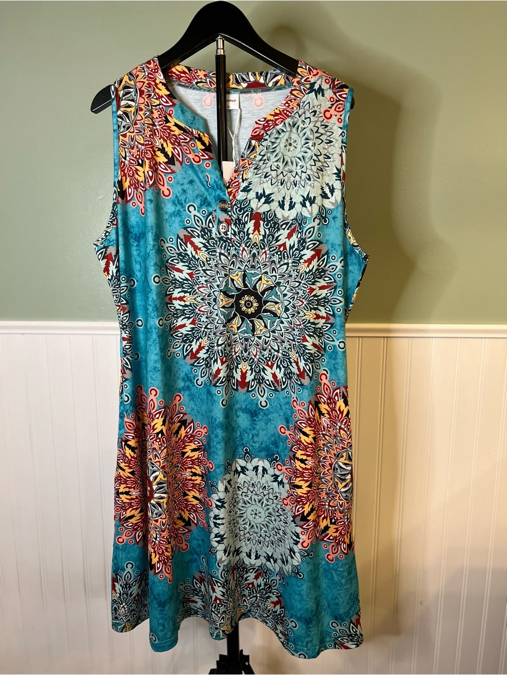 NEW- Sleeveless Teal Medallion Print A-Line Dress with Stretch. Size XL